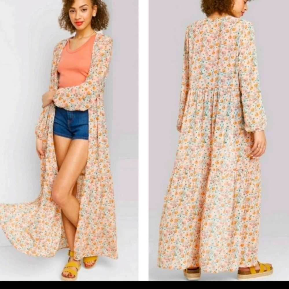 WILD FABLE CORAL FLORAL RUFFLE TRIM DUSTER M/L